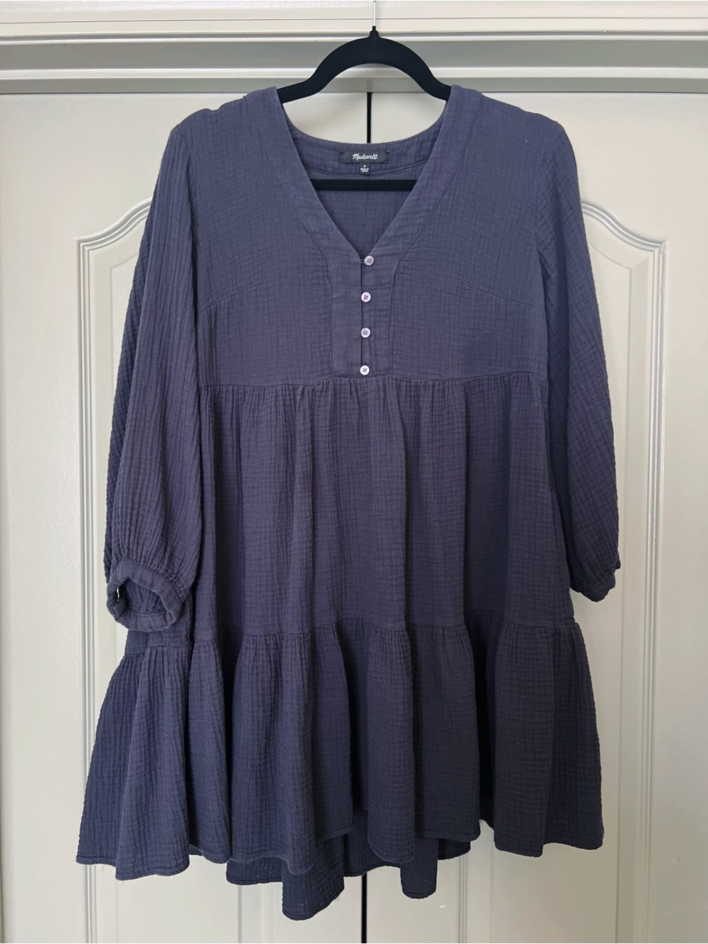 Madewell Navy Babydoll Cotton Double Gauze Tiered Mini Dress - Picture 2 of 7